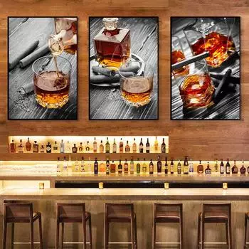 Настенное искусство Бокал для вина Картина на холсте Бутылка виски Сигара Плакат Гостиная Кухня Домашнее украшение Фреска Мода Бар Ресторан Без рамки 21*30cm No Frame