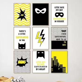 Настенное искусство, черная, желтая молния, мальчик, милая маска героя, холст, живопись, постеры, украшение для детской комнаты, принты для детской спальни, фотографии A4 21X30cm No Framed