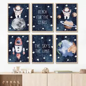 Настенное искусство детской комнаты, космический астронавт, ракета, земля, луна, цитаты, холст, живопись, постеры на скандинавскую тему и принты, Декор, фотографии для комнаты для маленького мальчика A4 21X30cm No Framed