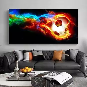 Настенное искусство «Футбольный мяч в огне» Радуга Абстрактные картины на холсте Современные футбольные постеры и принты для гостиной Домашний декор без рамки 20*40cm No Frame