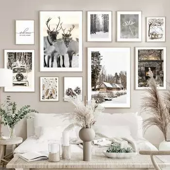 Настенное искусство, холст, Рождественский подарок, Ван олень, сосновый цветок, снег, плакаты на скандинавскую тему и принты, картинки для декора гостиной, живопись 21x30cm No Framed