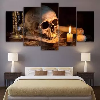 Настенное искусство Картина на холсте 5 шт. Страшный череп горящая свеча HD напечатанный домашний декор холст картина украшение на Хэллоуин Medium Size Unframed Canvas