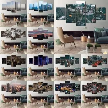 Настенное искусство Метрополис Небоскребы Холст Картина 5 шт. Модульная картина Шумный городской ночной плакат HD с принтом для домашнего декора 20x35cm*2 20x45cm*2 20x55cm*1