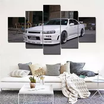 Настенное искусство на холсте, 5 шт., плакаты с белыми спортивными автомобилями, модульный декор для дома, картины, принты, современные украшения для гостиной, картины без рамки 20x35cm*2 20x45cm*2 20x55cm*1