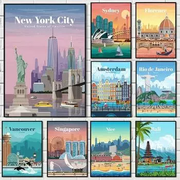 Настенное искусство на холсте с изображением путешествий Известные города Лондон Нью-Йорк Плакаты Печать для декора гостиной 21cm30cm NoFrame