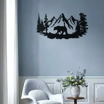 Настенное искусство с изображением медведя размером 17,5”X9” для домика или хижины — деревенская сцена охоты с металлическим настенным декором в виде сосны — идеально подходит для декора домика чёрный
