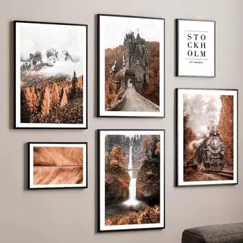 Настенное искусство с изображением замка, поезда, города, сосны, гор, листьев, скандинавский постер, живопись и принты, картины для гостиной, осенний декор 21x30cm No Framed