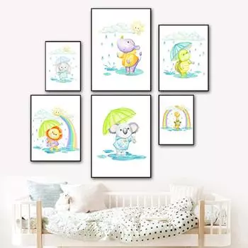 Настенное искусство с изображением животных из мультфильмов, Радуга, дождливый лев, коала, холст, постеры, принты с изображением жирафа для детской комнаты, украшение, живопись 21cm30cm NoFrame