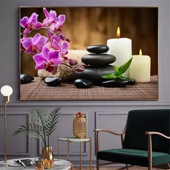 Настенное искусство, вода, спа, камни, дзен, холст, живопись, свечи, цветок орхидеи, постер, настенные панно для декора ванной комнаты, домашний декор, Cuadros 21x30cm No Framed