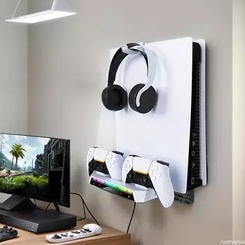 Настенное крепление для PS5 с зарядной станцией, держателем гарнитуры, подставкой для двух контроллеров и зарядным устройством для PS5/PS5 Slim Disc/цифровой консоли белый