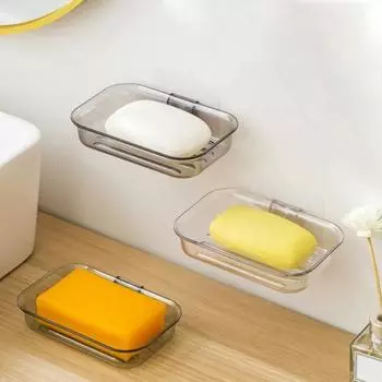 Настенное крепление мыльницы без дрели Современный прозрачный ПЭТ Быстрый слив Столешница Кухня Ванная комната Шампунь Бар Душ Держатель для мыла Контейнер Коробка Saver прозрачный