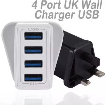 Настенное зарядное устройство для Великобритании USB-адаптер 4 порта Muti 5.1A Станция быстрой зарядки Зарядка питания чёрный
