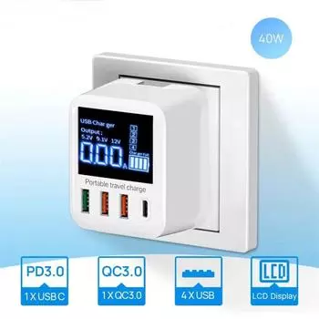 Настенное зарядное устройство USB, 40 Вт, 4 порта со светодиодным дисплеем, быстрое зарядное устройство USB QC3.0 PD3.0 для iPhone 14, Huawei, Xiaomi, Samsung UK Plug
