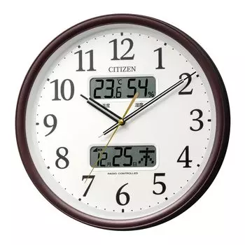 Настенные часы RHYTHM Citizen с радиочасами, аналоговыми, с календарем, температурой и влажностью, ЖК-дисплеем, тихие, с непрерывной секундной стрелкой, коричневые, CITIZEN (Цифровой дисплей) 35x5.6см коричневый