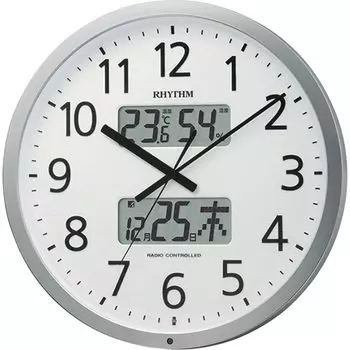 Настенные часы RHYTHM с радиочасами для офиса, 24-часовой сигнал, функция температуры и влажности, календарь, функция сигнала времени, серебро x Завод офисных принадлежностей серебряный