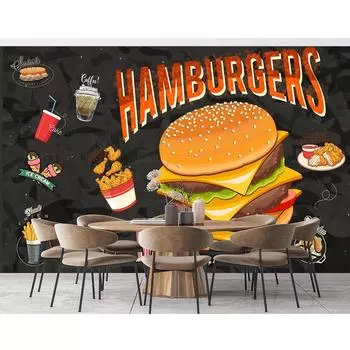 Настенные фрески с изображением гамбургеров Пицца Бургер Жареная курица Сок 3D Обои Ресторан быстрого питания Закусочная Обеденная комната Большая настенная фреска 200 cm(W) x 140 cm(H)