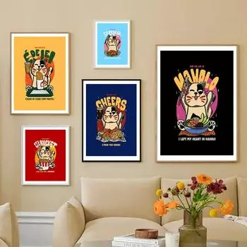 Настенные художественные фотографии для гостиной, кухни, детской комнаты, домашний декор, мультяшный кот, ест японскую еду, постеры и принты, картина на холсте 21x30cm No Framed белый