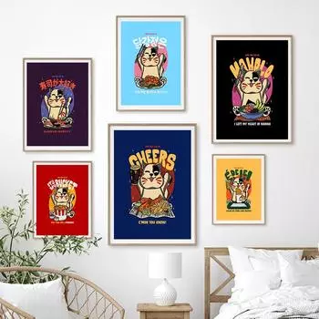 Настенные художественные фотографии для гостиной, кухни, детской комнаты, домашний декор, мультяшный кот, ест японскую еду, постеры и принты, картина на холсте 21x30cm No Framed белый