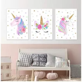 Настенные художественные фотографии, украшение для детской гостиной, мультяшный розовый постер с единорогом, детская комната, детские принты, художественная живопись на холсте 21cm30cm NoFrame