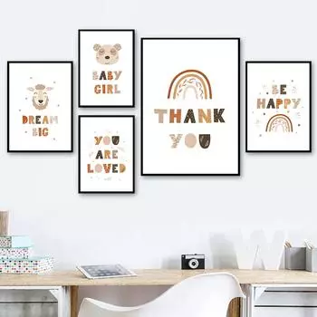 Настенные художественные постеры для детской комнаты, Радужный постер в стиле бохо, скандинавские настенные картины с изображением медведя и кота, печать на холсте для украшения детской спальни 21cm30cm NoFrame