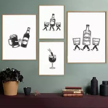 Настенные художественные принты для бара, коктейльное вино, пиво, виски, водка, напиток, плакат, картина на холсте, ретро-барная тележка, декор, современные кухонные фотографии 21x30cm No Frame