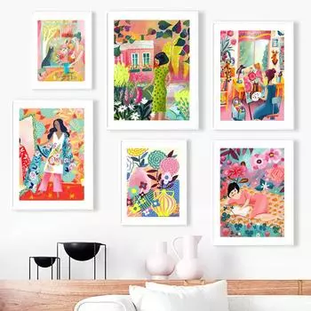 Настенные художественные принты, картина на холсте, богемные красочные винтажные абстрактные девушки, ботанический плакат на скандинавскую тему, Декор, фотографии для гостиной A4 21X30cm No Framed