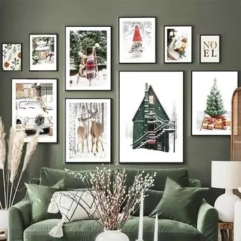 Настенные художественные принты со снежной сосной, дом, машина, олень, снеговик, картины на холсте, картины для декора гостиной, подарок 21x30cm No Framed