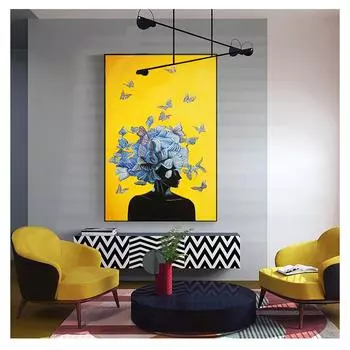Настенные картины для гостиной, модные желто-синие постеры и принты для домашнего декора, абстрактная девушка с бабочкой на холсте 21cm30cm NoFrame