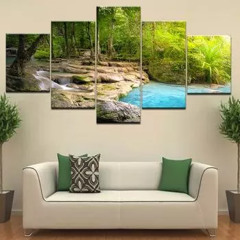 Настенные картины на холсте, 5 шт., водопад, пейзаж, фотографии, лес, дерево, озеро, вода, HD-принты, гостиная, домашний декор, постеры Medium Size Unframed Canvas