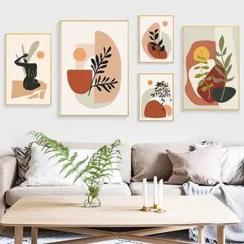 Настенные картины в стиле бохо, обнаженная девушка, абстрактная геометрия, листья, растение, холст, живопись, постеры на скандинавскую тему для интерьера, декора гостиной 21cm30cm NoFrame
