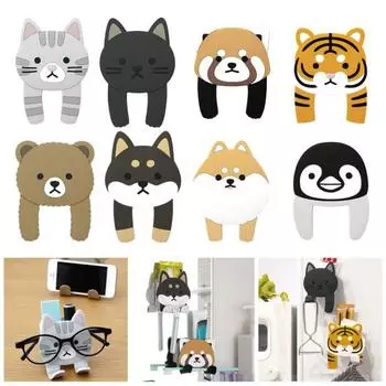 Настенные крючки с мультяшными животными и многофункциональной коробкой для хранения, прочный клей, милый дизайн, гибкий крючок на присоске серый