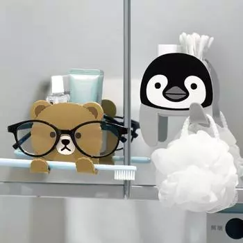 Настенные крючки с мультяшными животными и многофункциональной коробкой для хранения, прочный клей, милый дизайн, гибкий крючок на присоске серый