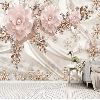 Настенные обои 3D Стерео Европейский Роскошный Розовый Цветок Жемчужина Обои Гостиная Телевизор Диван Фон Роскошный Домашний Декор Настенная Роспись Papel De Parede 300cm (W) x 200cm (H)
