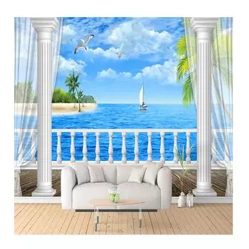 Настенные обои Картина 3D HD Вид на море Балкон Римская колонна Современная гостиная Диван ТВ Фон Стена Фотообои 200 cm(W) x 140 cm(H)