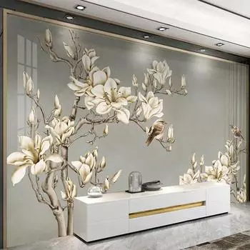 Настенные обои в классическом стиле, 3D стерео цветы, птицы, настенная роспись для гостиной, ТВ, дивана, спальни, 3D обои 200 cm(W) x 140 cm(H)