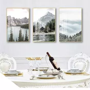 Настенные панно с принтами для декора гостиной, туманный риф, снежные горы, озеро, сосновый лес, настенная живопись на холсте, постеры на скандинавскую тему 21cm30cm NoFrame
