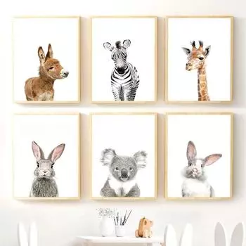 Настенные постеры с животными для детской комнаты, зоопарк, слон, скандинавский стиль, настенные художественные принты для детской комнаты, постер, холст, картина, декор, фреска 70x100cm No Fram