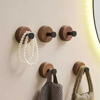 Настенные вешалки без сверления Нержавеющая стойка для хранения одежды Прочные деревянные крючки для полотенец White-Round