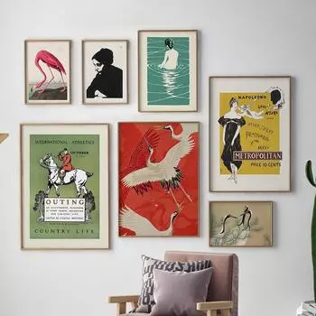 Настенный эклектичный красочный принт, максималистский домашний декор, Ichijo Narumi, красный журавль, птица, верховая езда, холст, картина, постер, настенная картина 21x30cm No Framed