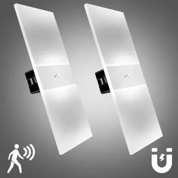Настенный бра с датчиком движения (Набор из 2), Беспроводной ночник с питанием от USB-аккумулятора, украшение для спальни. 6000k&22X10cm