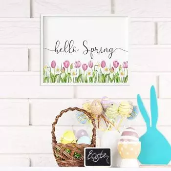 Настенный декоративный знак Hello Spring Рамка с изображением тюльпана Цветочный настенный художественный знак