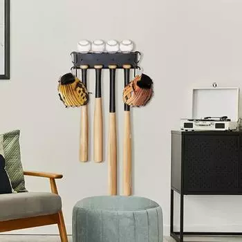 Настенный держатель для бейсбольной биты с 4 карабинами. Прочная несущая двухслойная конструкция. Простая установка. Стойка для хранения бейсбольных бит. чёрный