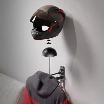 Настенный держатель для хранения мотоциклетного шлема с вешалкой для одежды. Вращение на 180 градусов. Прочная несущая способность. Простая установка. Металлический держатель для шлема. чёрный