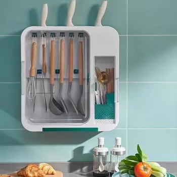 Настенный держатель для ножей, кухонная стойка для хранения без перфорации, пылезащитная полка для палочек для еды, лопатка, ложка, стойка для хранения кухонных принадлежностей зелёный