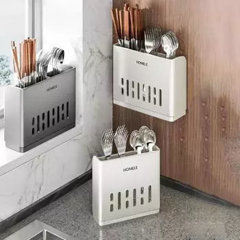 Настенный держатель для палочек для еды, пластиковый контейнер для хранения столовых приборов, практичная ложка-держатель для палочек для еды Black-Single Grid
