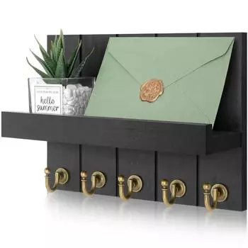 Настенный держатель для почты, деревянный держатель для ключей, органайзер для почты с 5 крючками для ключей, деревенский декор для прихожей или холла чёрный