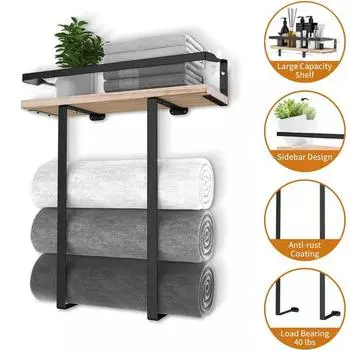 Настенный держатель для полотенец с деревянной полкой. Высокая грузоподъемность. Компактный дизайн. Простая установка. Полка для хранения полотенец. Органайзер для ванной комнаты. A