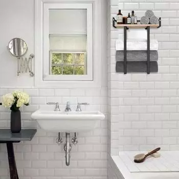 Настенный держатель для полотенец с деревянной полкой. Высокая грузоподъемность. Компактный дизайн. Простая установка. Полка для хранения полотенец. Органайзер для ванной комнаты. A