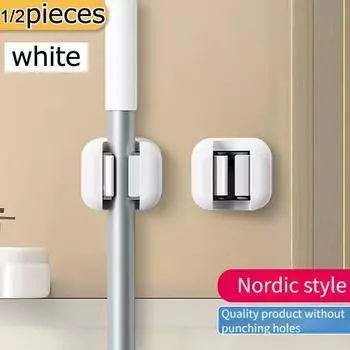 Настенный держатель для швабры и метлы, самоклеящиеся зажимы для органайзера инструментов, вешалка для хранения без сверления для дома, кухни, ванной комнаты 1pc белый