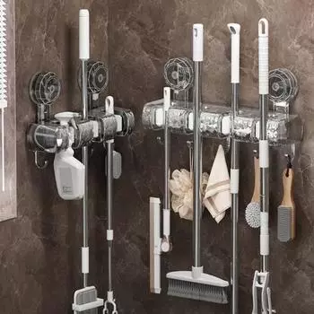 Настенный держатель для швабры, прочный, выдерживающий нагрузку, простой монтаж, нескользящая вешалка для швабры, органайзер для совок для метлы 3